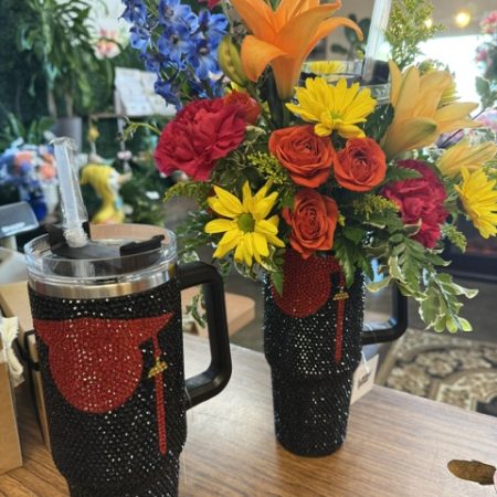 Black Graduate Cup With Mixed Flowers