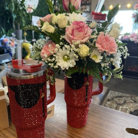 Red Thermal Graduate Cup With Mixed Flowers
